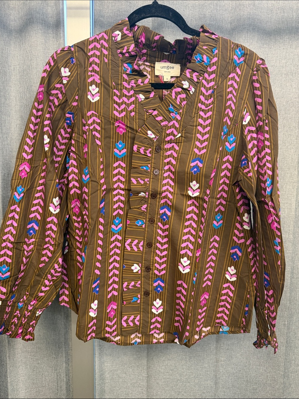 Umgee Brown Button-Front Shirt with Pink & Blue Floral Motif